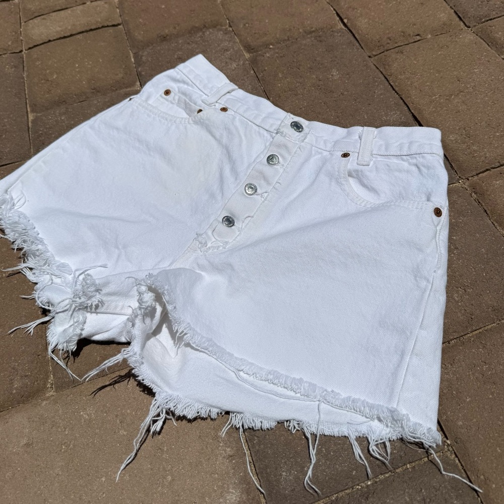 Levi's White High Waist Distressed Denim Shorts